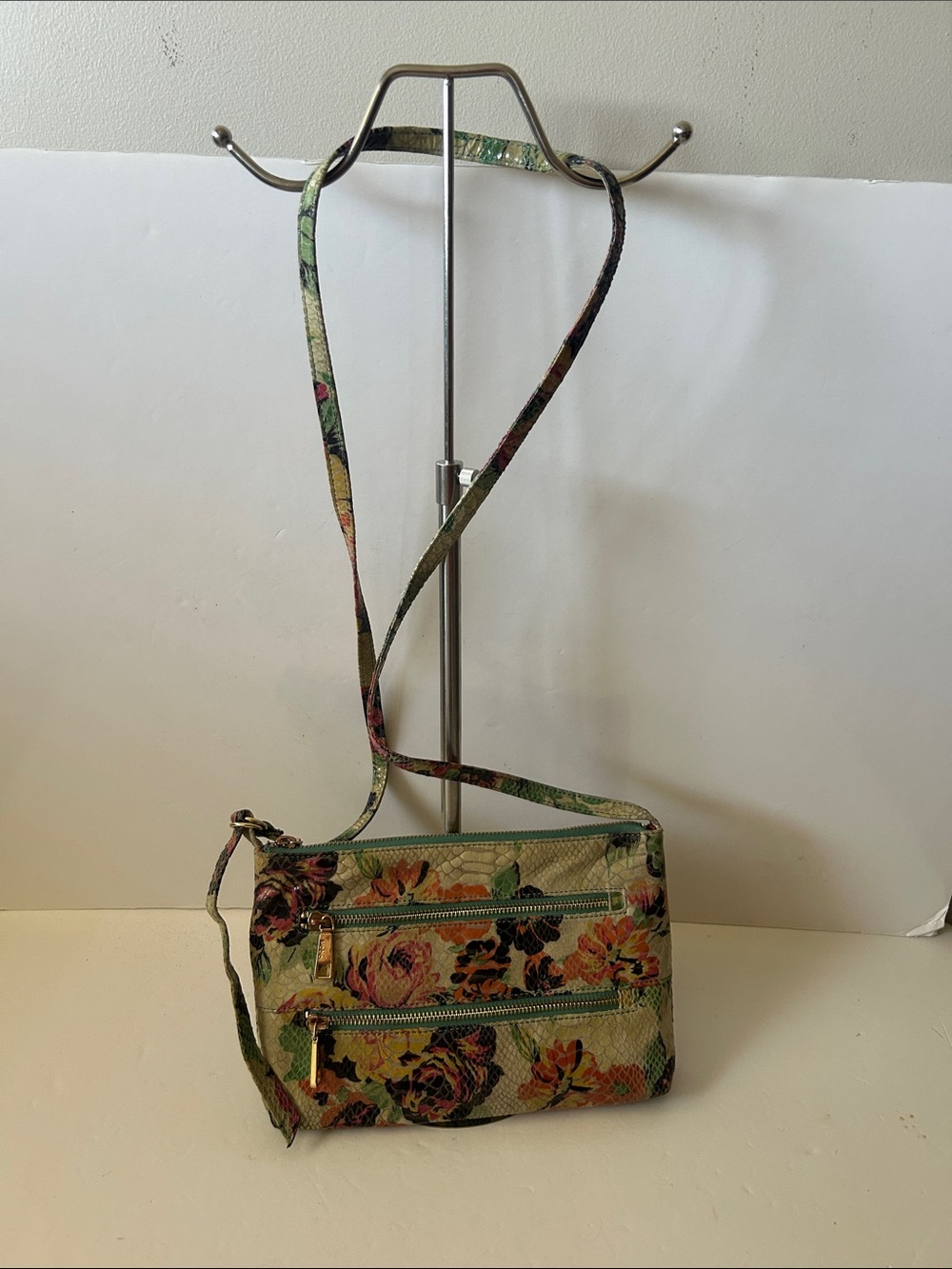 HOBO Floral Leather Snake Embossed Crossbody Bag with Green and Pink Accents